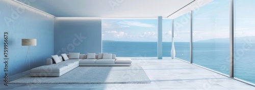 Panorama of a minimalist living room with floor-to-ceiling windows facing the sea  light blue walls and a white ceiling