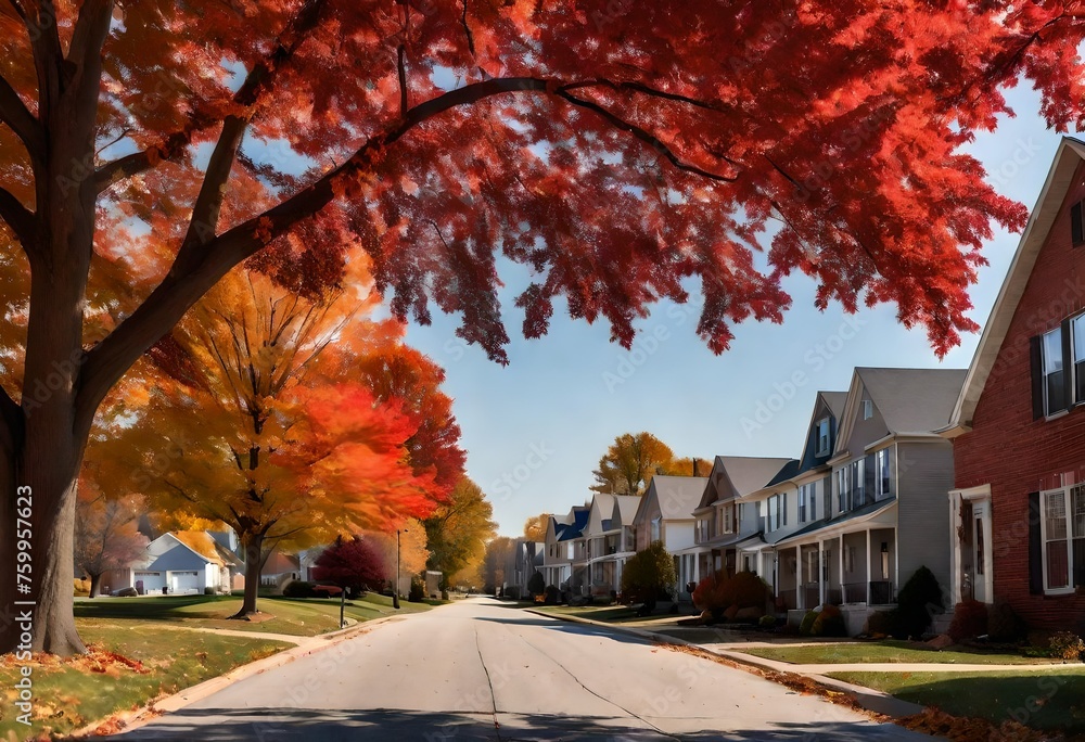 Beautiful view of Missouri residential neighborhood before Thanksgiving red maples in foreground fall in Missouri, Midwest