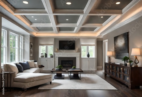 A dramatic flush ceiling with a coffered design and accent lighting, adding depth and visual interest to the room