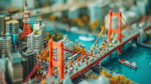Tilt-shift photography of the Tokyo. Top view of the city in postcard style. Miniature houses, streets and buildings