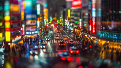 Tilt-shift photography of the Tokyo. Top view of the city in postcard style. Miniature houses, streets and buildings photo