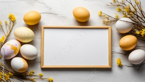 Top view of Easter eggs with invitation mockup on yellow background 
