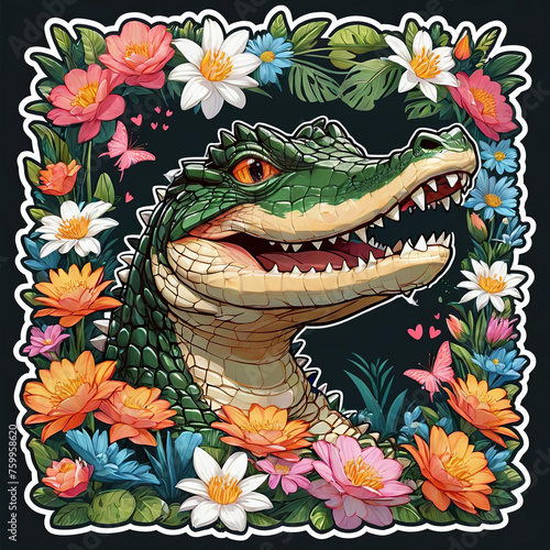 Close-Up Crocodile Monitor with Floral Sticker on Dark Background Gen AI photo