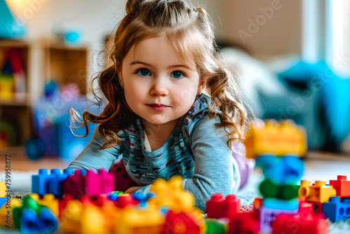 Petite fille jouant par terre dans sa maison avec un jeu de briques colorées