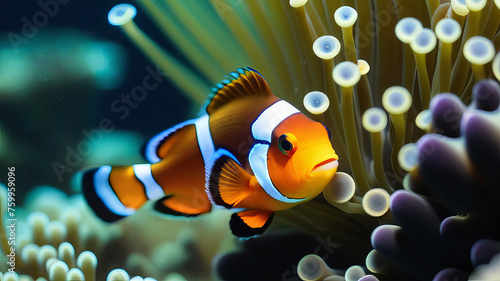Cute anemone fish over coral reef background isolated closeup, beautiful color clownfish on coral reefs, anemones on tropical coral reefs. clown fish anemone in the sea