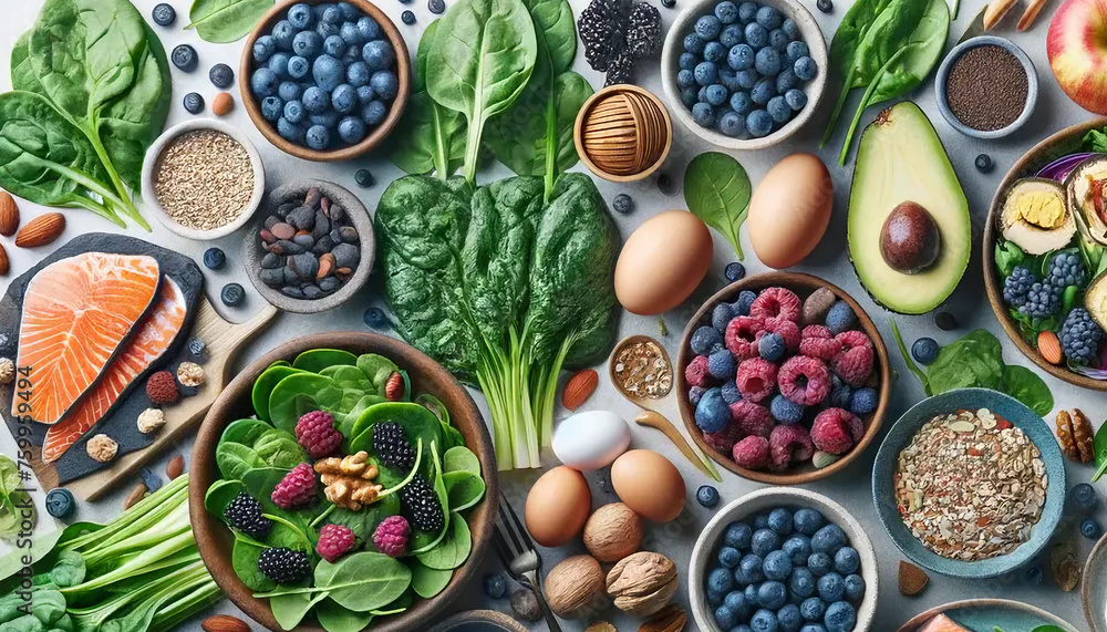 A spread of healthy superfoods with avocados, blueberries, eggs, apples, spinach, kale wallpaper