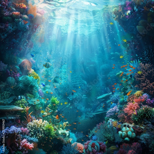 Underwater seascape with sunlight piercing through the surface, illuminating diverse coral reef and tropical fish.