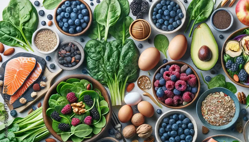 A spread of healthy superfoods with avocados  blueberries  eggs  apples  spinach  kale wallpaper