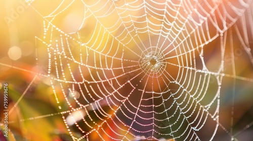 Close-up of a dew-covered spider web against a blurred background with morning sunlight.