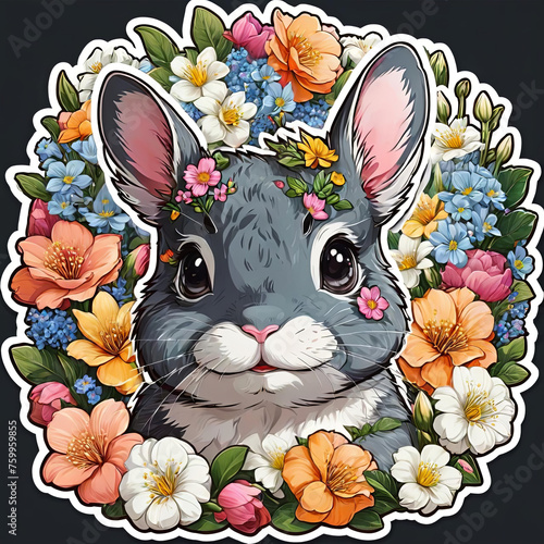 Detailed Chinchilla Portrait with Floral Sticker on Dark Background Gen AI photo