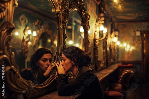 A sad depression woman in a luxury vintage style interior, surrounded by ornate mirrors, examining themselves