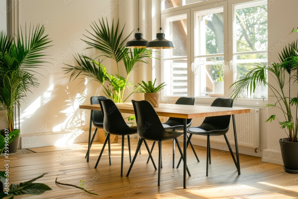 Modern dining room interior with a designed wooden table and black chairs, white walls and a big window, green plants in the corner of the space