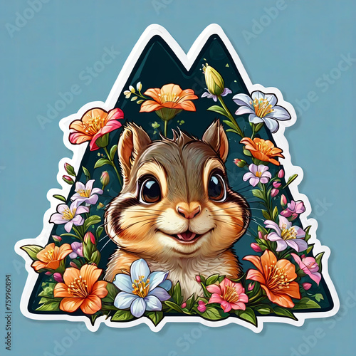 Close-Up Chipmunk Portrait with Floral Sticker on White Border Gen AI photo