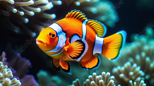 Cute anemone fish over coral reef background isolated closeup, beautiful color clownfish on coral reefs, anemones on tropical coral reefs. clown fish anemone in the sea
