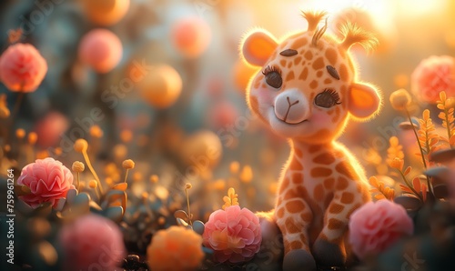 3d cartoon giraffe on a blurred background. © Andreas