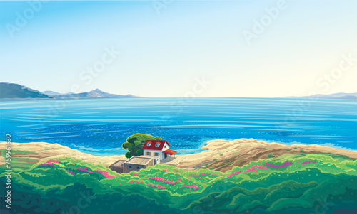 Summer seascape with a house on the coast and sea beach. Vector illustration.