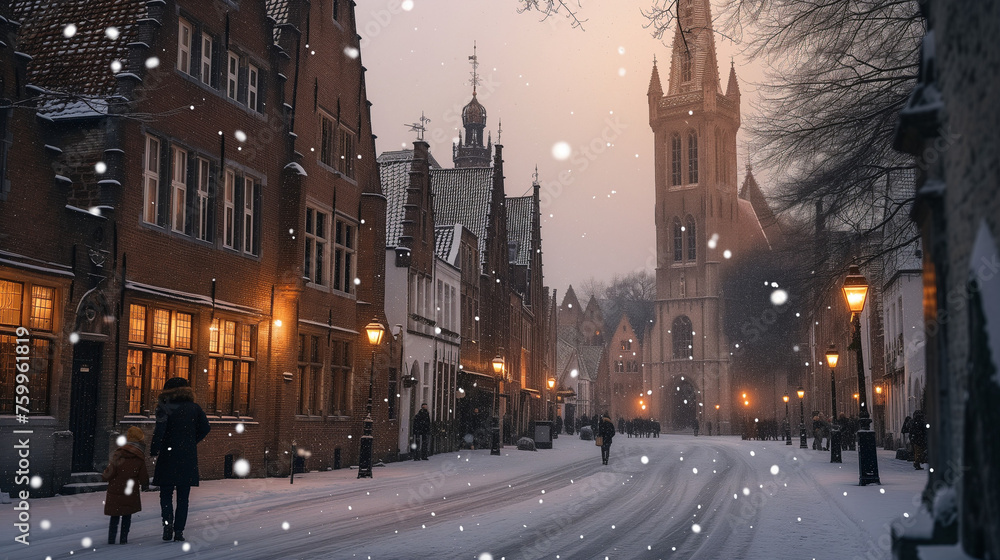 Fototapeta premium Bruges Snowy Evening art