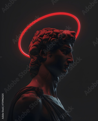 Side view black ancient statue of Apollo with red neon light on dark background