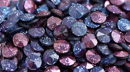 a close up of a pile of pink and purple diamond shaped stones on a white surface with lots of glitter on top of it.