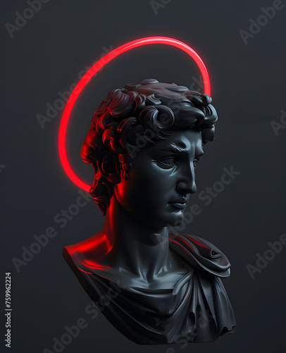 Floating black statue of Apollo with red neon ring light