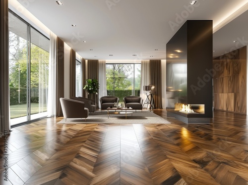 Modern interior design with a wooden floor, fireplace and armchairs in a dark brown color