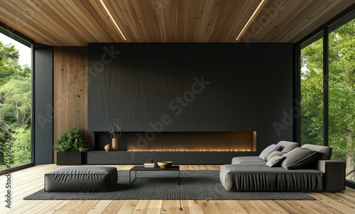 Modern interior design with a black wall, sofa and armchair near a fireplace in the living room of a modern house with a wooden floor
