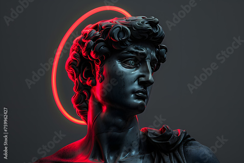 Black statue apollo with red neon light isolated on dark