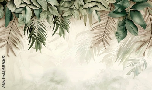 3d render  palm leaves hanging down wallpaper background with copy space in pastel tones. AI generated illustration