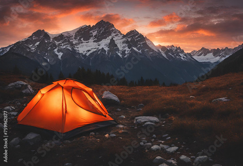 Glowing orange tent camping in the mountains in front of majestic mountain range