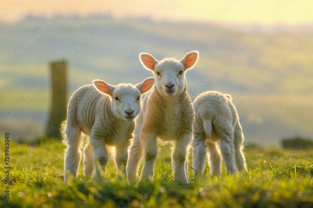 Three lambs in the pasture at sunrise. Pastoral concept Three lambs in the pasture at sunrise. Pastoral concept