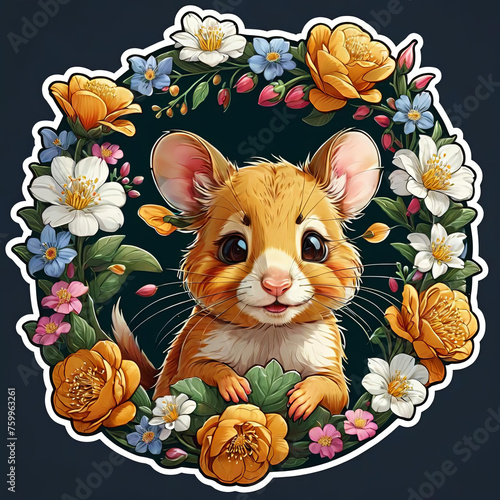 Close-Up Dormouse with Floral Sticker on Dark Background Gen AI photo