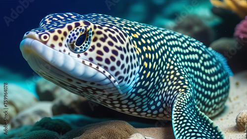 Enchelycore pardalis, commonly called Leopard moray eel or Dragon moray isolated closeup, underwater life. Tropical fish Murena, latin name Murena Helena, in aquarium photo