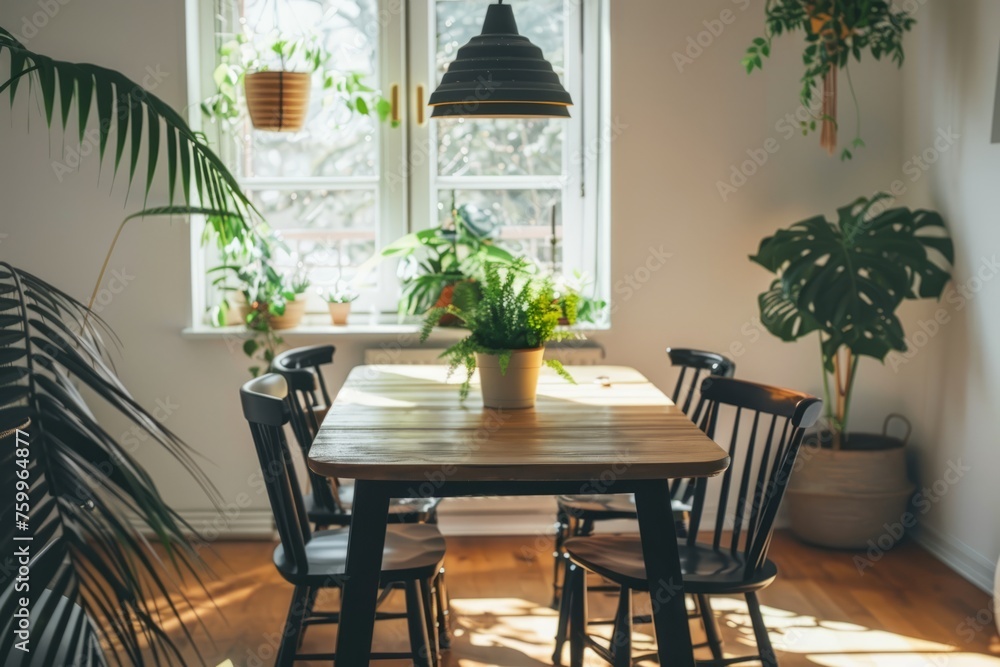 Fototapeta premium Modern dining room interior with simple wooden table, black chairs by the window and plants on the white wall