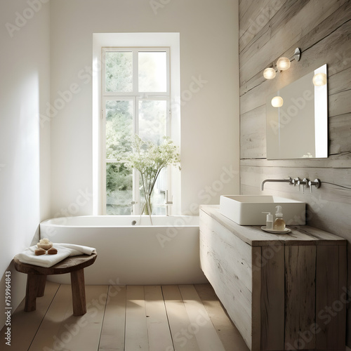 White bathroom design  modern interior  with wood  generative ai