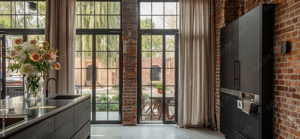 Industrial modern kitchen with brick walls, black cupboards and glass doors to the terrace Industrial modern kitchen with brick walls, black cupboards and glass doors to the terrace