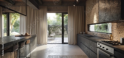 Modern kitchen in raw concrete style, brick walls with black frames, open door to the garden and cream curtains on the windows