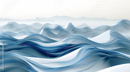 A painting depicting blue and white waves crashing on a white background.