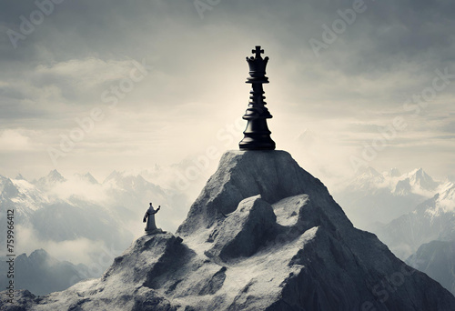 King of the world concept, with chess king on mountain top photo
