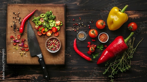 Kitchen scene, a chopping board, small bowls with seasoning, and sliced red, yellow, and green peppers on top, with a black wooden base