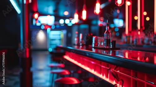 Wallpaper Mural a bar with red lights and stools and a bar counter with a bottle of liquor on it Torontodigital.ca