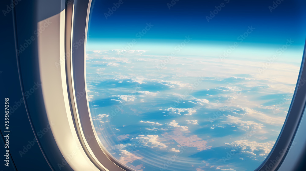 Airplane windows provide unique views of the sky and clouds Airplane windows provide unique views of the sky and clouds