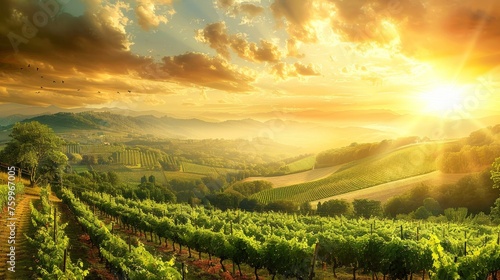 Tranquil vineyard scene with grapevines  mountains  ideal for text overlay in the sky