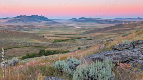 Tranquil rural vista  colorful sunset over rolling hills, perfect for text placement in the sky © Philipp