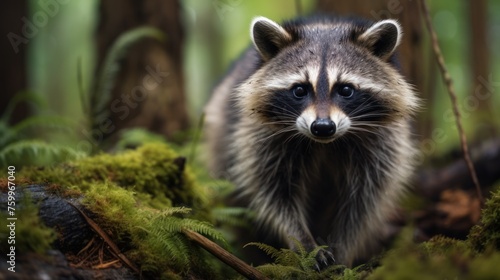 Embrace the enchantment of nature with a close-up view of a raccoon in the verdant forest, showcasing the intricate details of its fur and captivating gaze.