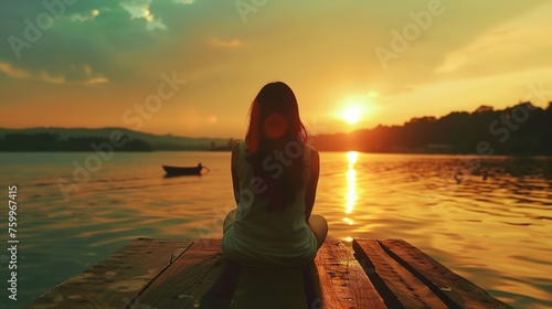 a woman sitting on a dock watching the sun set over a lake with a boat in the distance