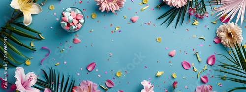 a blue background with pink and yellow flowers and confetti on it and a palm leaf