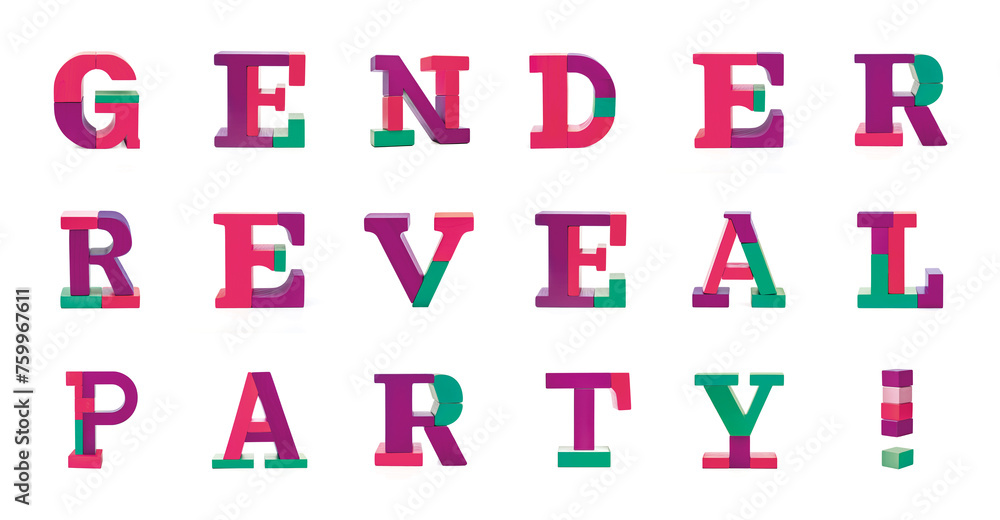 Gender Reveal Party in modern colors 3D font letter alphabet wooden toy blocks