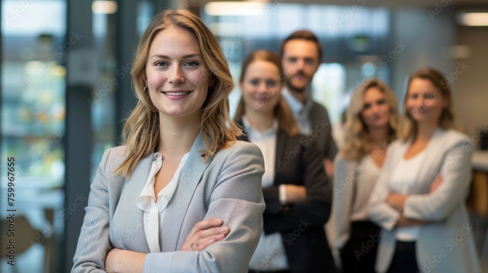 a group of business professionals with the focus on a woman in the foreground. She has her arms crossed, is smiling gently, and has shoulder-length blonde hair a group of business professionals with the focus on a woman in the foreground. She has her arms crossed, is smiling gently, and has shoulder-length blonde hair