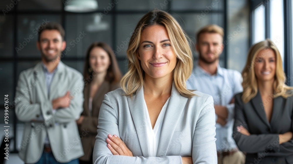 a group of business professionals with the focus on a woman in the foreground. She has her arms crossed, is smiling gently, and has shoulder-length blonde hair a group of business professionals with the focus on a woman in the foreground. She has her arms crossed, is smiling gently, and has shoulder-length blonde hair