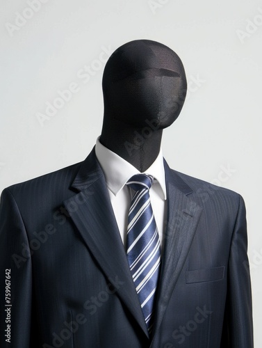 a headless mannequin wearing a dark navy suit with a notched lapel, a white dress shirt, and a striped tie in shades of navy and white.